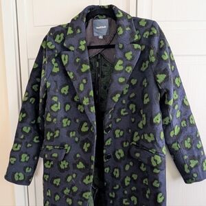 Modcloth Navy and Green Leopard Print Pea Coat 🧥